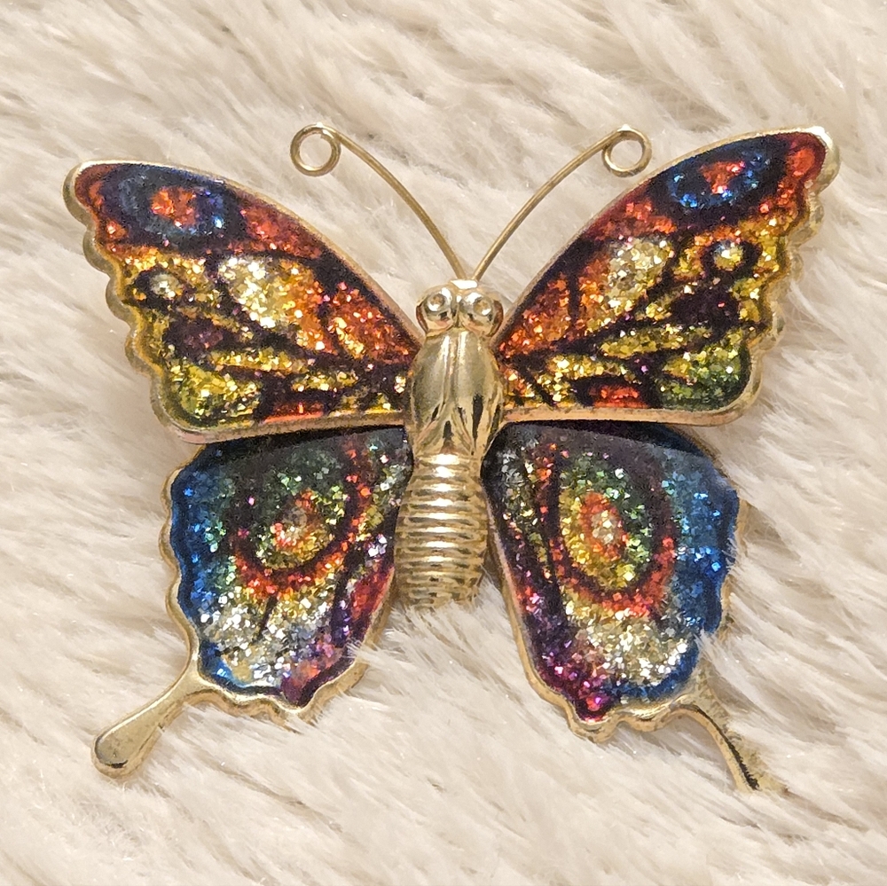 Whimsigoth Fairycore Glitter Enamel Butterfly Gold Tone Statement Brooch